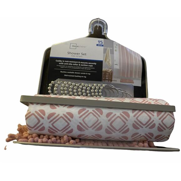 Mainstays Shower Set Caddy 15pc Rug Pink Curtain Rug Hooks Bathroom Accessories - Picture 8 of 10